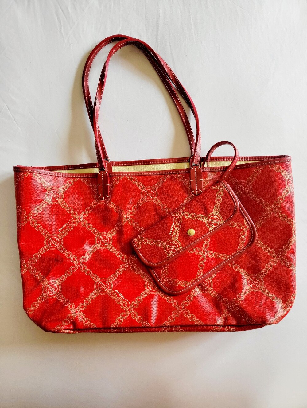 VTG Avon Red Canvas Chain Link Tote Bag & Matching Pouch Set